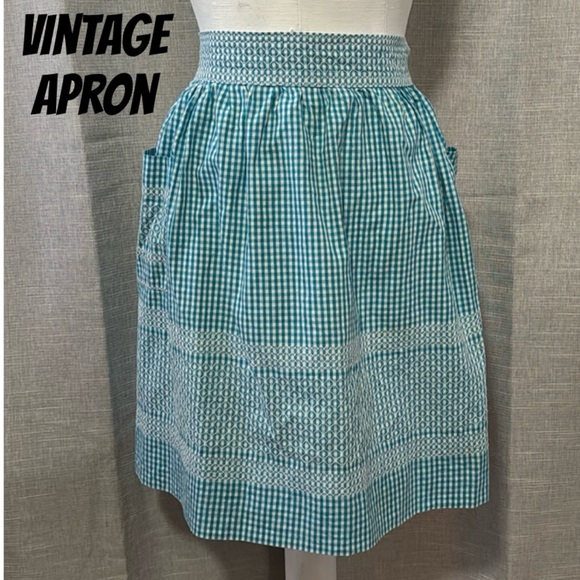 Vintage Apron-EUC-Blue/White Gingham Check-Side Pockets - Picture 1 of 12